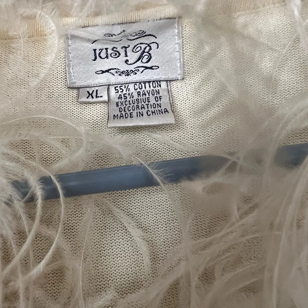 Elegant Cream and Gold Christmas Holiday Women's Sweater with Feather Trim - Picture 15 of 17